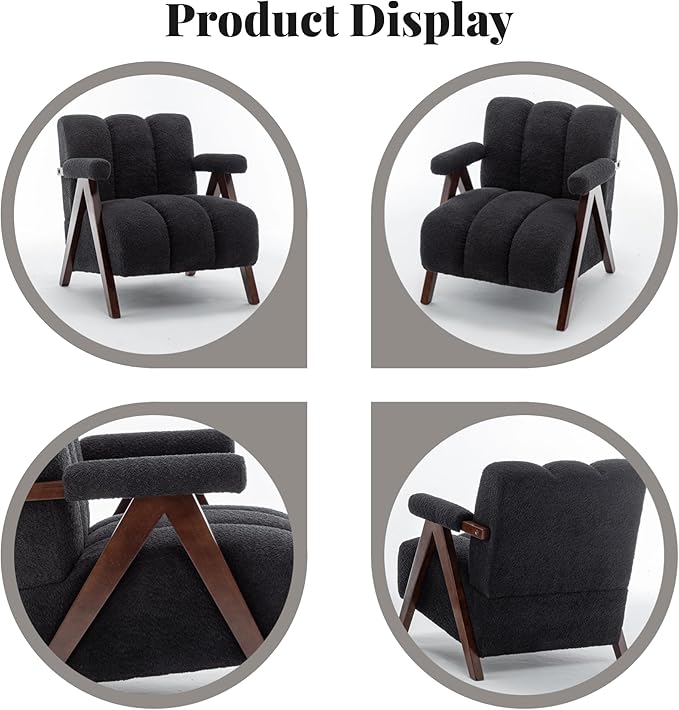 Mid Century Modern Accent Chairs Set of 2 with Solid Wood Frame, Boucle Upholstered Living Room Chairs with Thick Cushion, Comfy Tufted Arm Chair for Bedroom, Black