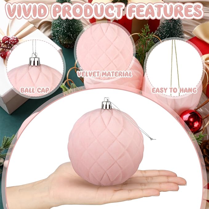 4 Pcs 4 Inch Large Velvet Christmas Ball Ornaments Vintage Christmas Plastic Ball Ornaments Flocked Tree Hanging Decoration for Xmas Party Wedding Home Decor(Pink)