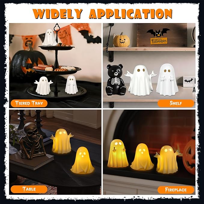 Halloween Decorations Indoor, Set of 3 Light Up Ghost Decorations, Spooky Home Decor Ghosts Figurines for Mantel Tray Shelf Table