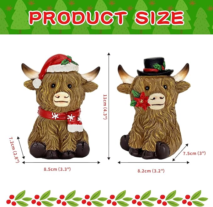 CRCZK Christmas Highland Cow Figurines Decorations for Home, Christmas Indoor Decor - Resin Farmhouse Highland Cow Decor for Christmas Table Mantle Display idea