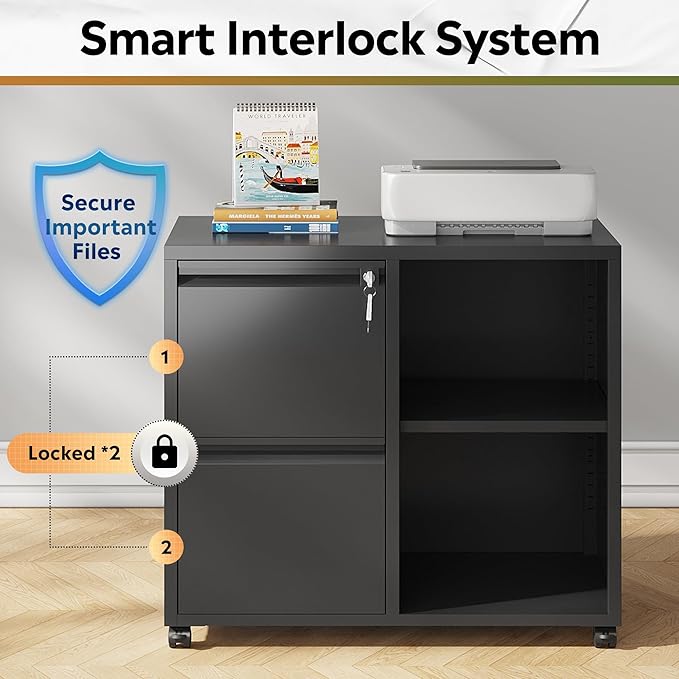 DEVAISE Metal Lateral File Cabinet with Lock, 2 Drawer Mobile Filing Cabinet with Shelf, Rolling Printer Stand fits Letter/A4 Size for Home Office, Black