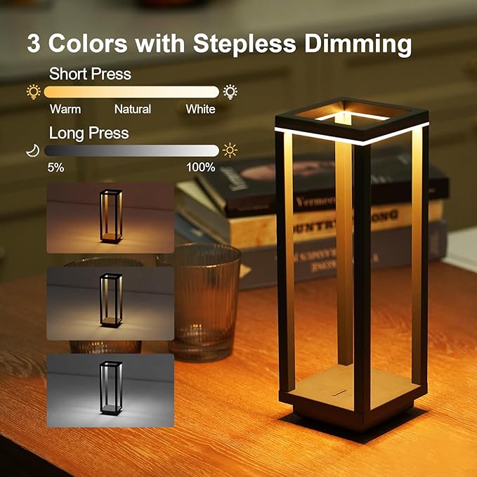 4 Pack Cordless Table Lamp Rechargeable, IP55 Waterproof, 60h Runtime Protable Outdoor Table Lamps, 3 Color Stepless Dimming Battery Powered Table Lamp for Dinner/Restaurant/Bedroom/Cafe