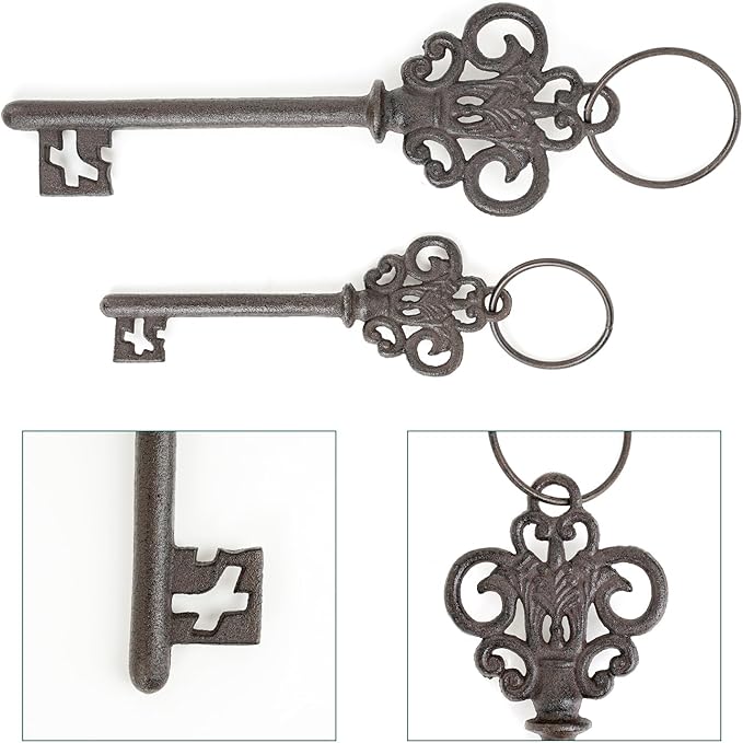 Sungmor Cast Iron Skeleton Keys, Set of 2 Large Old Fashioned, Decorative Wrought Iron Wall Art, Home Garden Farmhouse Halloween Decor, Rustic Brown