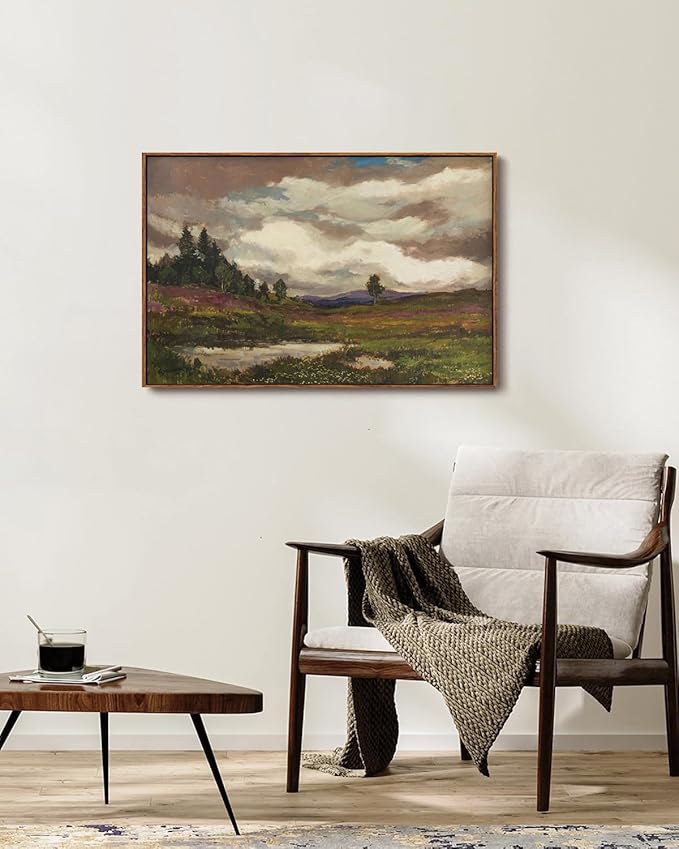 KISSFOX Vintage Landscape Canvas Wall Art Farmhouse Hills Pond Clouds Framed Wall Art Natural Countryside Paintings Artwork Rustic Art Prints For Bedroom Bathroom Living Room