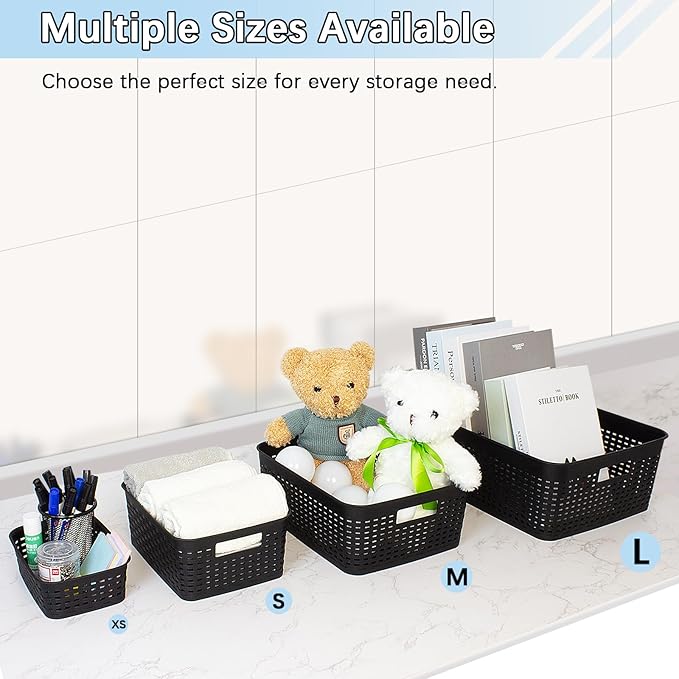Soddeph Plastic Storage Baskets for Cabinets, Household Pantry Organization with Handle,Organizer Bins for Room,Bathrooms,Under-Sink,Kitchen (Black, L-3PACK)