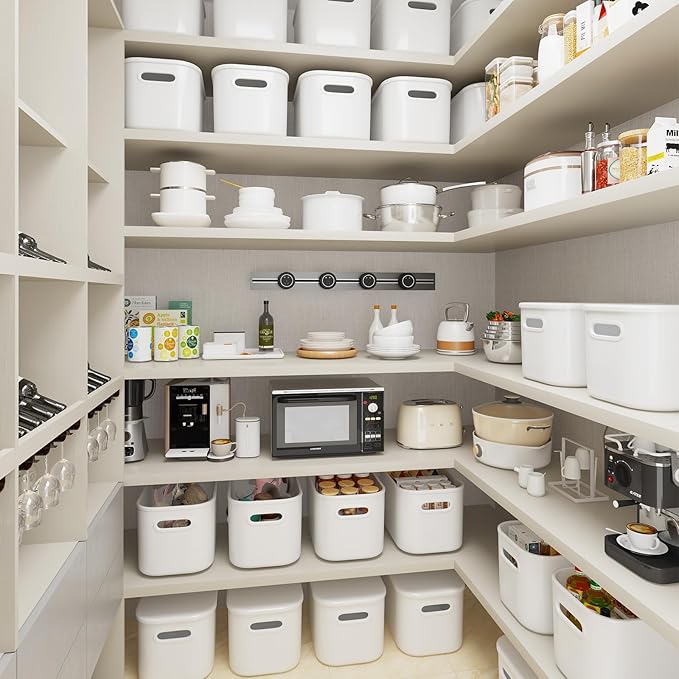8 Pack White Storage Bins with Lids for Shelves, White Storage Containers with Lids for Organizing, Storage Box with Handle, Stackable White Plastic Bin for Classroom, Craft, Snacks