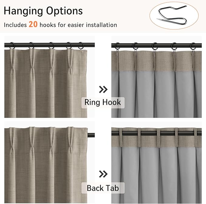 100% Blackout Shield Linen Look Textured Pinch Pleated Curtains Blackout Drapes 105 Inch Long 2 Panels Set, Faux Linen Blackout Curtains for Bedroom & Living Room, 40" W x 105" L, Dark Faux Linen