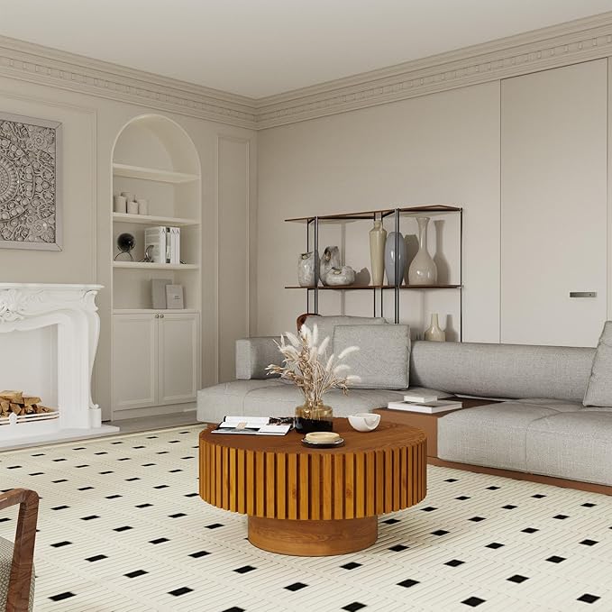 Round Fluted Coffee Table Mid Century Modern Coffee Tables with Handcrafted Relief Circle Drum End Table Rustic Industrial Center Tables for Apartment Living Room (Wood Round)