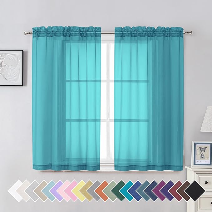 Aiyufeng Turquoise Sheer Curtains 45 Inch Length 2 Panels Set, Light Filtering Airy Rod Pocket Turquoise Window Curtain Treatment Drapes for Kitchen Bedroom Living, Each 42Wx45L Inches