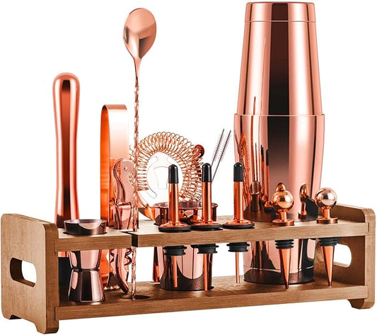 SOING Mixology 24-Piece Bartender Kit,Perfect Home Cocktail Shaker Set for Drink Mixing,Stainless Steel Bar Tools with Stand,Velvet Carry Bag & Recipes Cards Included