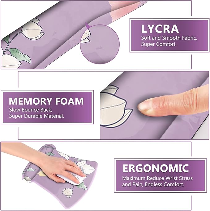 AIMSA Ergonomic Mouse Pad with Wrist Rest and Keyboard Wrist Rest, Ergonomic Memory Foam Wrist Support for Mouse and Keyboard, Easy Typing, Pain Relief, Purple Flower