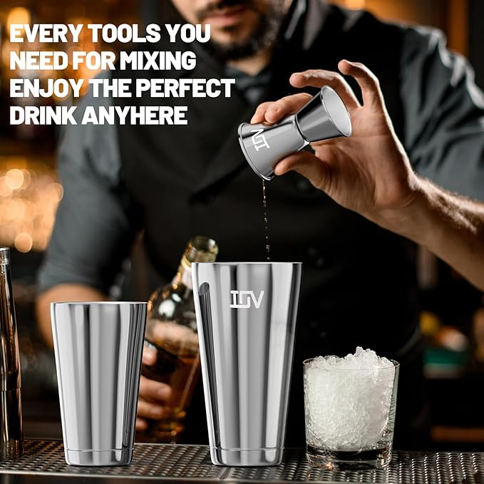 IOV Boston Cocktail Shaker Bar Set, Bartender Kit Drink Mixer Set with 18 oz & 28 oz Boston Shakers, Hawthorne Strainer, Double Jigger, Bar Tool Kit and Recipe Booklet - Silver