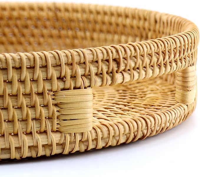 Handwoven Rattan Round Serving Tray, Natural Wicker Decorative Tray for Serving, Coffee Table, Home Boho Décor and Entertaining, Gift Idea Choice