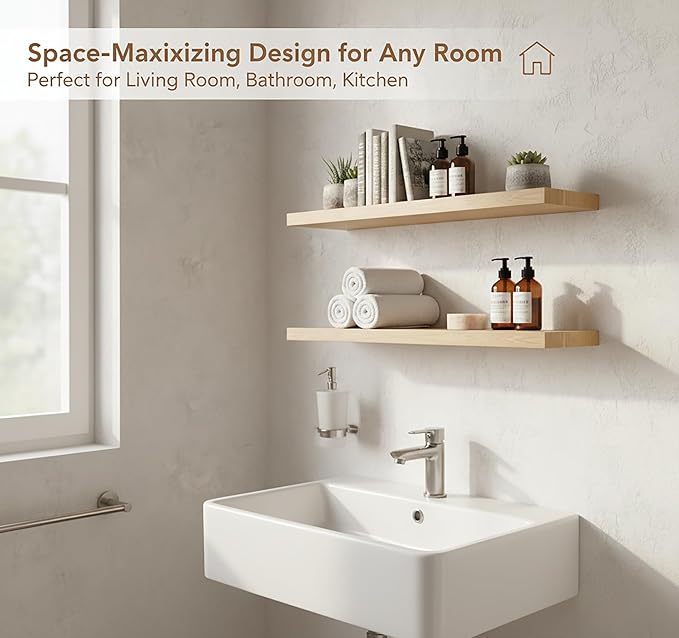 Lufia Floating Wall Shelves, Set of 2, MDF with Invisible Brackets, Modern Storage for Bedroom, Bathroom, Living Room, Kitchen (Oak, 24" W x 7" D x 1.5" H)
