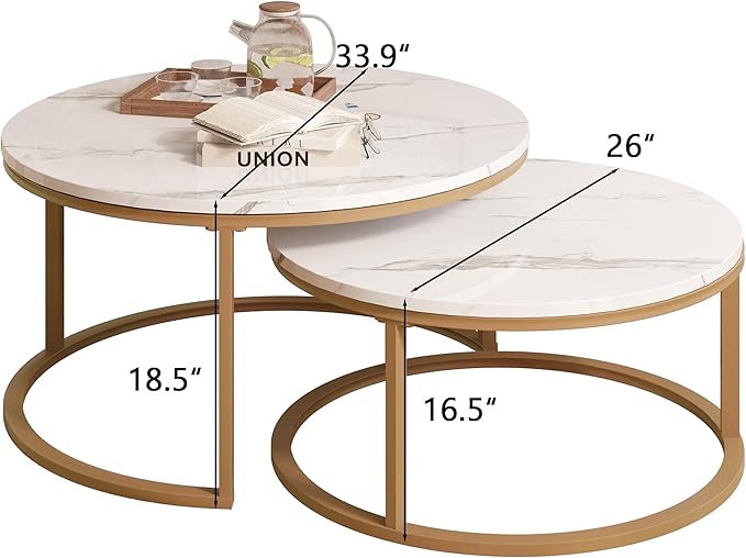 WiberWi Round Coffee Table Nesting Tables Set of 2, Large : Ø 34.0", Small : Ø 26.0", Modern Design Coffee Tables for Living Room, Gold Metal Frame Circle Cocktail Table, High Glossy Faux White Marble