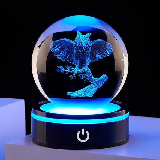 3D Owl Figurine Crystal Ball with Colorful Light Base, Gifts for Women Men Lovers on Christmas Birthday, Laser Engraved Sphere Glass Ball for Home Office Decoration