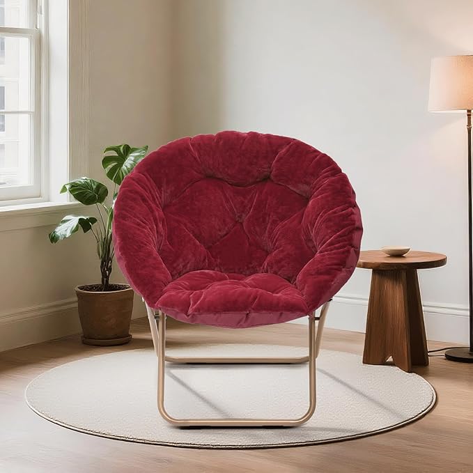 Magshion Saucer Chair for Adults, Comfy Living Room Lounge Chair for Bedroom Corner, Dorm, Apartment, Faux Fur Fluffy Circle Accent Seat with Thick Padded & Folding Metal Frame (Burgundy)