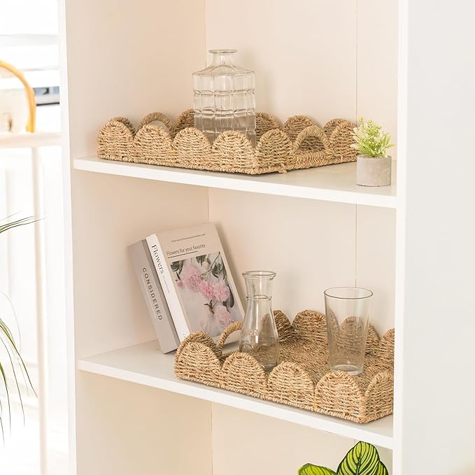 KOKODO Set of 2 Scalloped Wicker Baskets – Handwoven Seagrass Storage Baskets with Handles for Organizing, Bathroom, Living Room & Shelf Décor – Decorative Rattan Organizing Tray