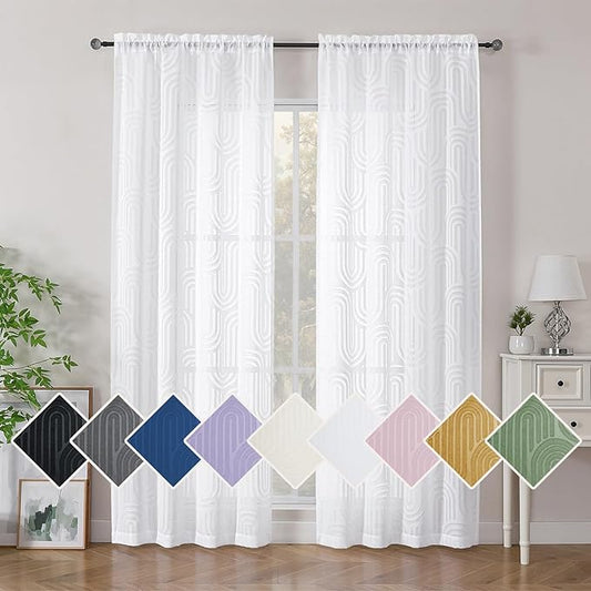 Simplebrand White Semi Sheer Curtains 84 Inches Long 2 Panels, Soft Airy Light Filtering Jacquard Clip Textured Semi Sheer Curtains for Living Room, Modern Elegant Rod Pocket Window Panels, 42"Wx84"L