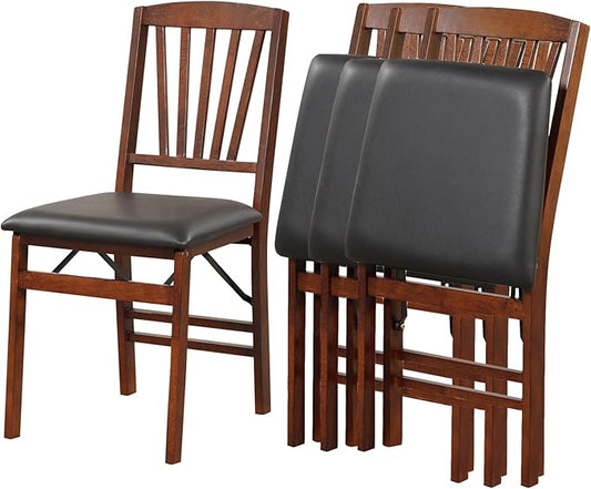 COSTWAY Folding Dining Chairs Set of 4, Upholstered Wooden Dining Room Chairs with PVC Padded Seat, Solid Wood Frame and 400LBS Capacity for Kitchen Apartment (Black & Brown)