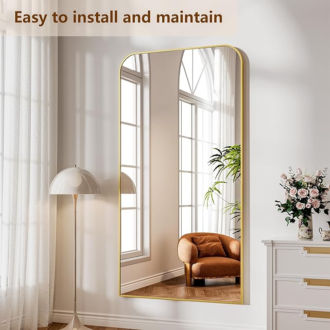 Koonmi Full Length Mirror, 76"x34" Mirror Full Length with Stand, Gold Domed Top Square-Edged Floor Mirror with Aluminum Alloy Frame for Bedroom Living Room