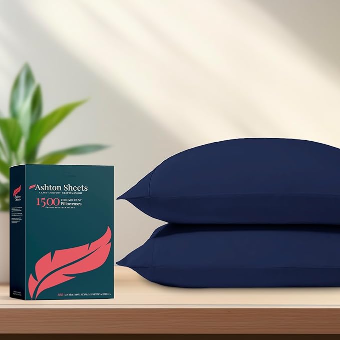 Ashton Sheets 100% Egyptian Cotton Pillow Cases King Size Set of 2 - Luxury 1500 Thread Count Sateen Weave Navy Blue Pillow Covers, Silky Soft, Breathable & Cooling Pillowcases, Fits King Size Pillows