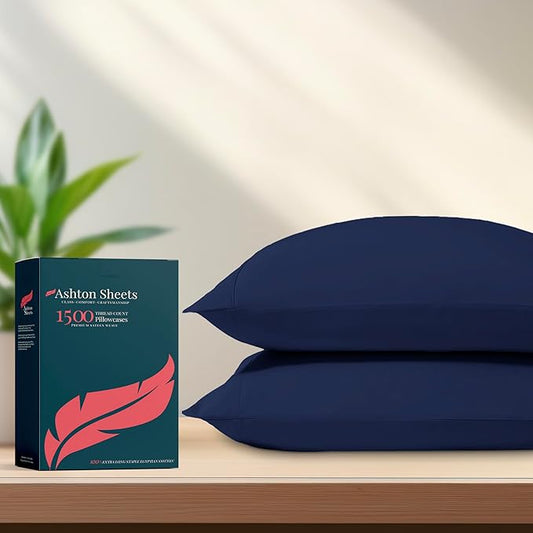 Ashton Sheets 100% Egyptian Cotton Pillow Cases King Size Set of 2 - Luxury 1500 Thread Count Sateen Weave Navy Blue Pillow Covers, Silky Soft, Breathable & Cooling Pillowcases, Fits King Size Pillows