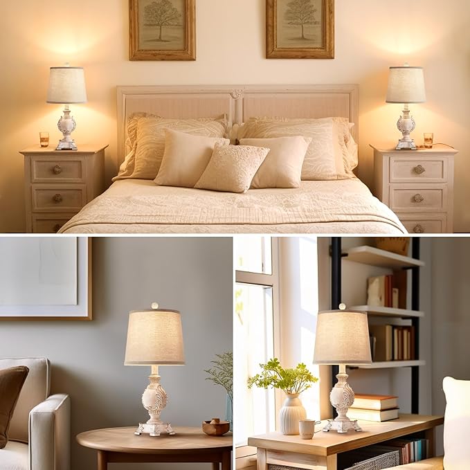 21'' Small Table Lamps Set of 2 Farmhouse Bedside Lamps for Bedroom Nightstand Vintage Carved Floral Side Table Lamps for Living Room Kids Home Office, Wooden Finish, Bulb Not Include
