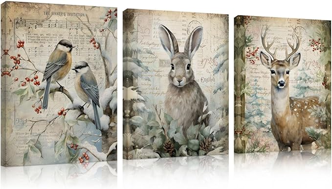DSHFG Vintage Winter Woodland Animals Wall Decor, Woodland Animals Canvas Wall Art Decor Framed Set of 3, Winter Rabbit Wall Decor for Home Farmhouse Living Room, Housewarming Gifts 14x11 Inch