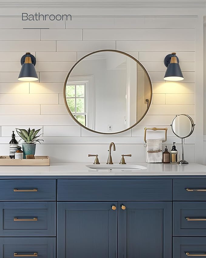 FEMILA Modern Wall Sconces Set of 2, 1-Light Wall Lighting Bathroom Sconces Single Vanity Light, Hammered Metal Shade, Dark Blue,4FG59B-2 Blue