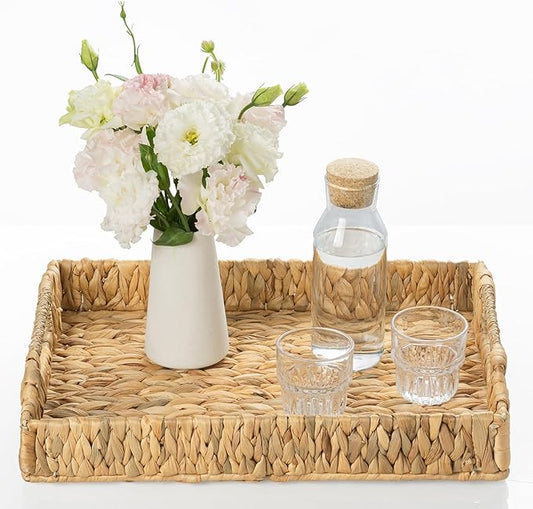 Rectangle Wicker Scalloped Serving Tray with Handles - Seagrass Handwoven Trays,Water Hyacinth Tray for Home Decor and Living Room, Dining Table, Bathroom Organizing, 16.9" L x 12.9" W x 1.96" H