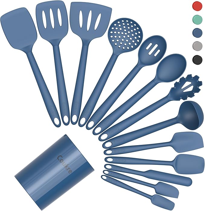 Coukre Silicone Kitchen Cooking Utensils Set with Holder – Heat-Resistant, Food-Grade Kitchen Tools, Spatula, Spoon & Gadgets for Non-Stick Pans, Dishwasher Safe (14, PureDarkBlue)