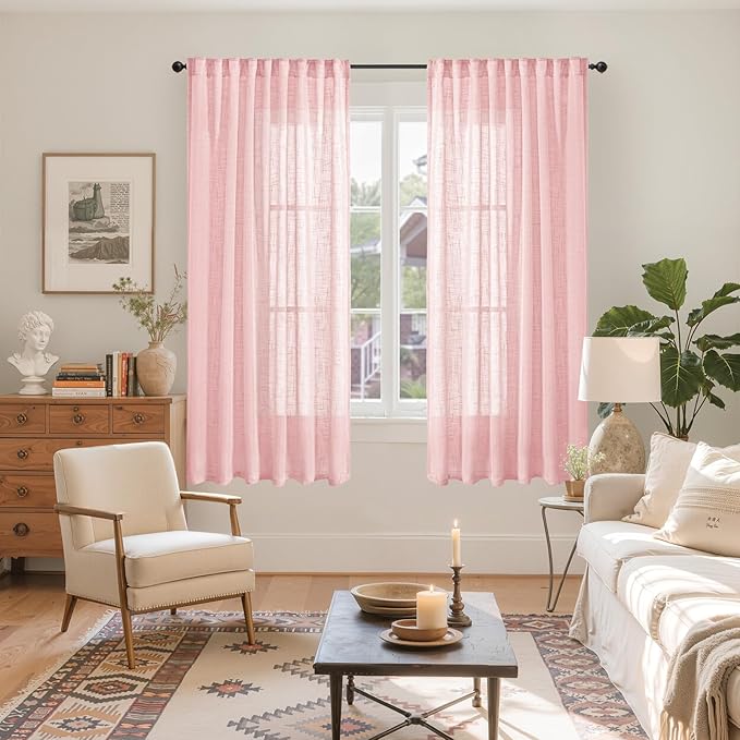 YoungsTex Light Pink Linen Curtains 63 Inch Length for Living Room, Semi Sheer Window Drapes Textured Light Filtering with Rod Pocket Back Tab for Girl Kids Bedroom, 2 Panels, 52 X 63 Inch