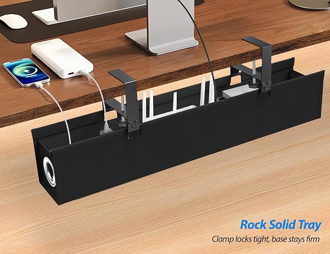 Under Desk Cable Management Tray No Drill, 30 Inch Cord Organizer with Oxford Fabric, Clamp Mount, Holds 60 lbs, Large Cable Rack for Gaming & Home Office Standing Desk