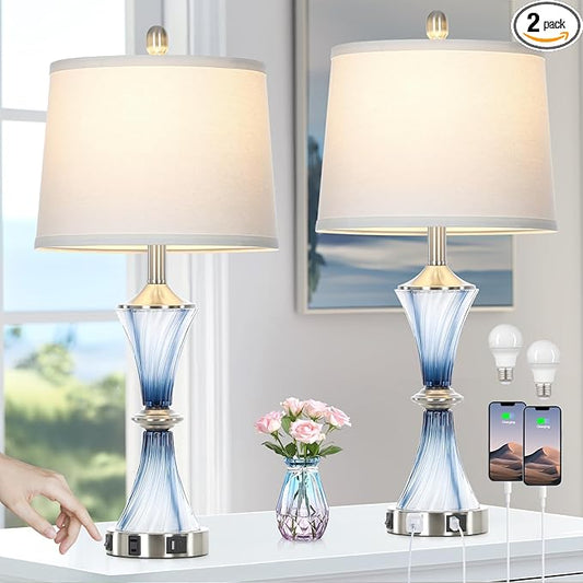 Blue Glass Table Lamp Set of 2 with USB C+A Ports & AC Outlet, Bedside Lamp, Modern Bedroom Lamps, Coastal Lamp for Night Stands Bedroom Living Room,Nightstand Lamp LED Bulbs Included