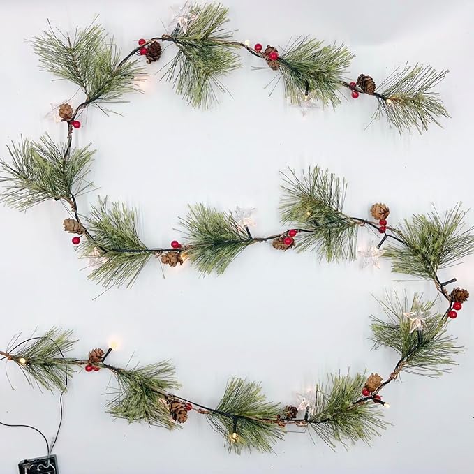 6ft Christmas Smokey Pine Garland with Lights and Stars,Battery Operated Garland with Timer,Christmas Decorations for Fireplace Home Stair Railing Outdoor Holiday Decor