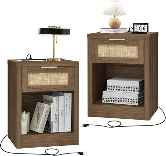 Nightstand Set of 2, Rattan Night Stand with Type-C Charging Station, Bedside Table with Drawer, Boho Bed Side Table End Table Accent Table for Bedroom Living Room (Special Walnut)