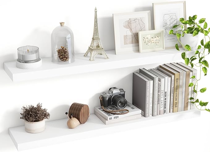 40 Inch Floating Shelves, 8 Inch Deep Floating Shelves for Wall, Hanging Shelf with Invisible Brackets, Deep Shelves for Bathroom, Bedroom, Living Room, White, Set of 2