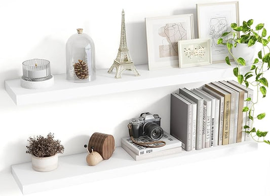 40 Inch Floating Shelves, 8 Inch Deep Floating Shelves for Wall, Hanging Shelf with Invisible Brackets, Deep Shelves for Bathroom, Bedroom, Living Room, White, Set of 2