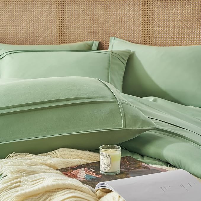 Yogeneg King Size Comforter Set 7 Piece Bed in a Bag,Grid Pinch Pleat Sage Green Bedding Set,Striped Textured Soft Microfiber Comforter with Sheet Set,All Season Complete Bed Set(Sage Green,King)