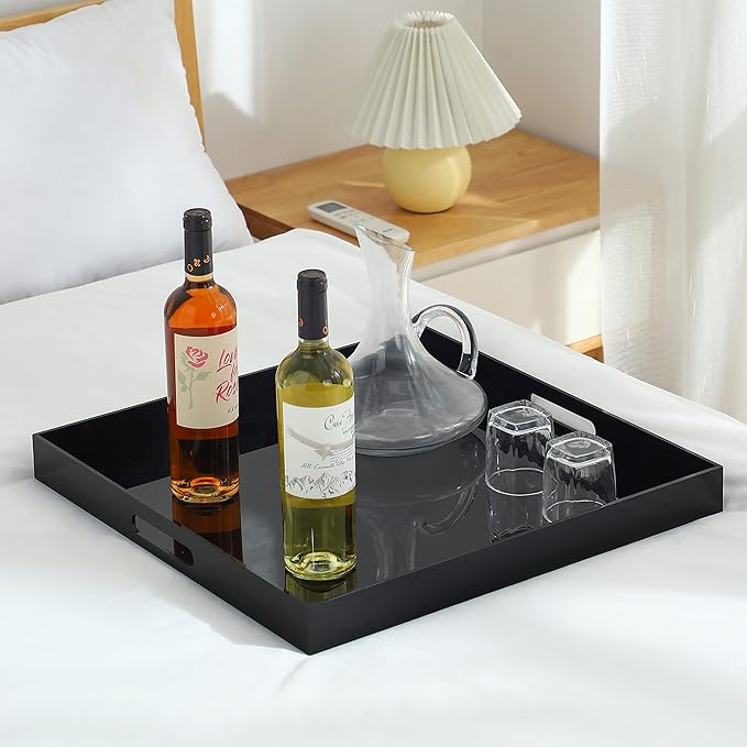 Black Oversize Acrylic Serving Tray with Handles 19x19 Inch -Spill Proof- Decorative Trays Countertop Organizer for Ottoman,Nightstand, Sidetable, Butler (19x19 Inch, Black)