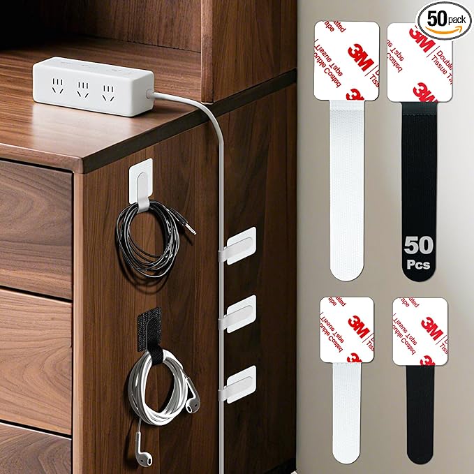 50 Pcs Self Adhesive Cable Tie Reusable Made of 3M, Multi-Purpose Heavy Duty Hook Loop Cable Management Wire Ties for Home,Office,Kitchen,School (5.9" & 3.54", Black & White)