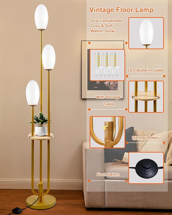 Lightdot Gold Dimmable Floor Lamp with Table, 63IN Mid-Century Oval Floor Lamps with 3000K Soft Warm White Bulbs, 3-Lights Candle Holder Style Modern Tall Standing Lamp for Living Room