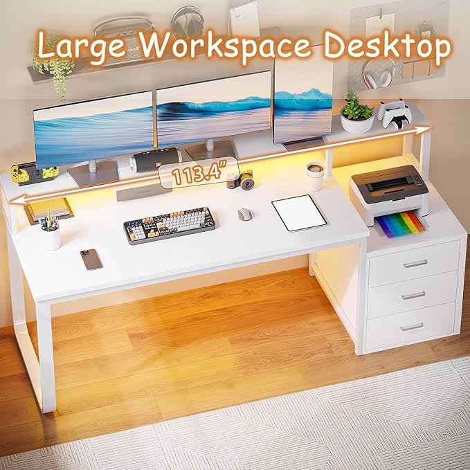 HOMBCK 67" Computer Desk with 3 Drawers, Home Office Desk with Long Monitor Stand and Printer Space, Office Desk with Storage & LED Lights, Writing Desk with Drawers, White