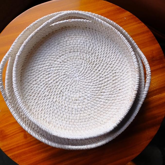 White Wash Round Rattan- Handmade Serving Tray-Decorative Woven Ottoman-Trays with Handles for Coffee Table Natural Basket Wave Tray (L- 13.7 Inch & M-11.8 Inch), Brown