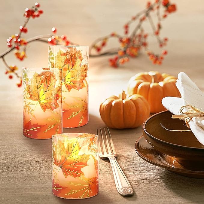 Fall Flameless Candles with Remote Timer Thanksgiving Gift Battery Operated LED Realistic Wax Glass Candles Gold-Red Maple Leaves Decor for Bedroom Home Table Ornament