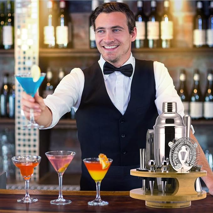 Cocktail Shaker Set 12-Piece, 25 OZ Food Grade Stainless Steel Cocktail Shaker Mixology Bartender Kit with Rotating Stand, Bar Set Essential for Beginners and Professionals at Home or Parties