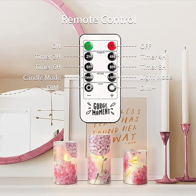 Flameless Candles Flicker LED Flame-Simulated, Pink Hydrangea Love Theme Realistic Glass Candles with Remote Timer, Lady's Gift Home Decor Bedroom Dinner Table Ornament 3" x 4" 5" 6"