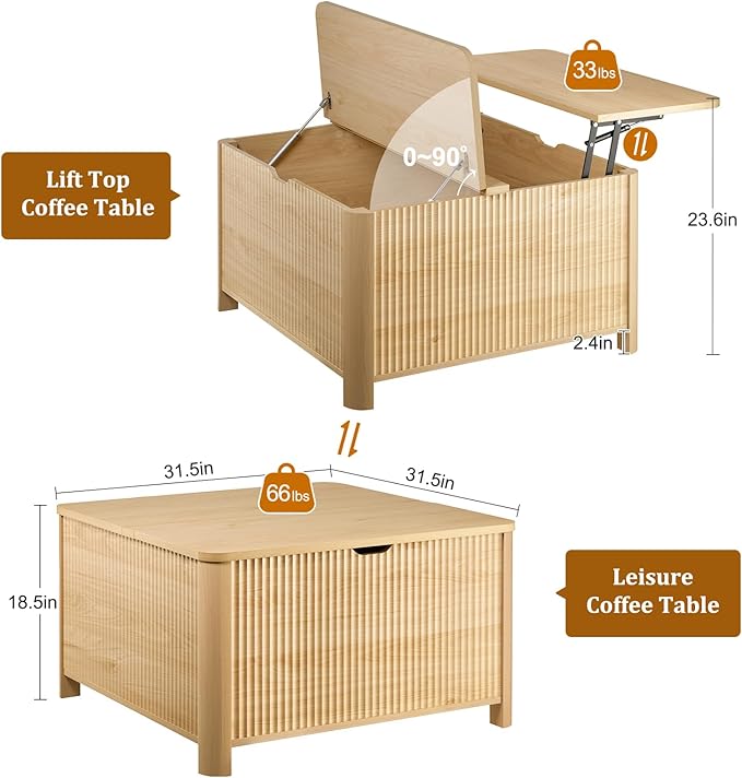 LYNCOHOME Fluted Lift Top Coffee Table with Storage, Square Coffee Tables for Living Room, Coffee Table with Large Hidden Storage Compartment and Adjustable Shelves，Natural