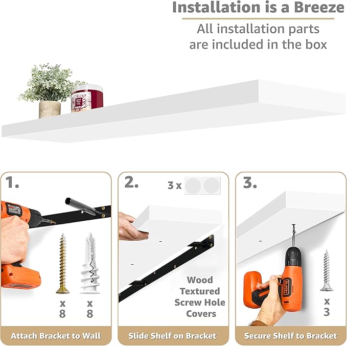 Sorbus Floating Shelves for Wall - 55 Inch Extra-Long Bathroom Shelves, Wall Decor for Bedroom, Kitchen, Living Room, Book Storage - Mounted Floating Shelf with Hidden Brackets (White, 3 Pack)